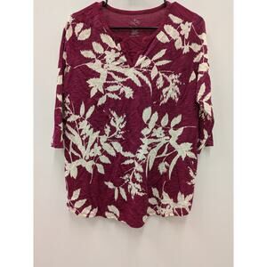 St. John’s Bay Women’s Top Medium Red Floral 3/4 Sleeve Split Neck Casual Blouse